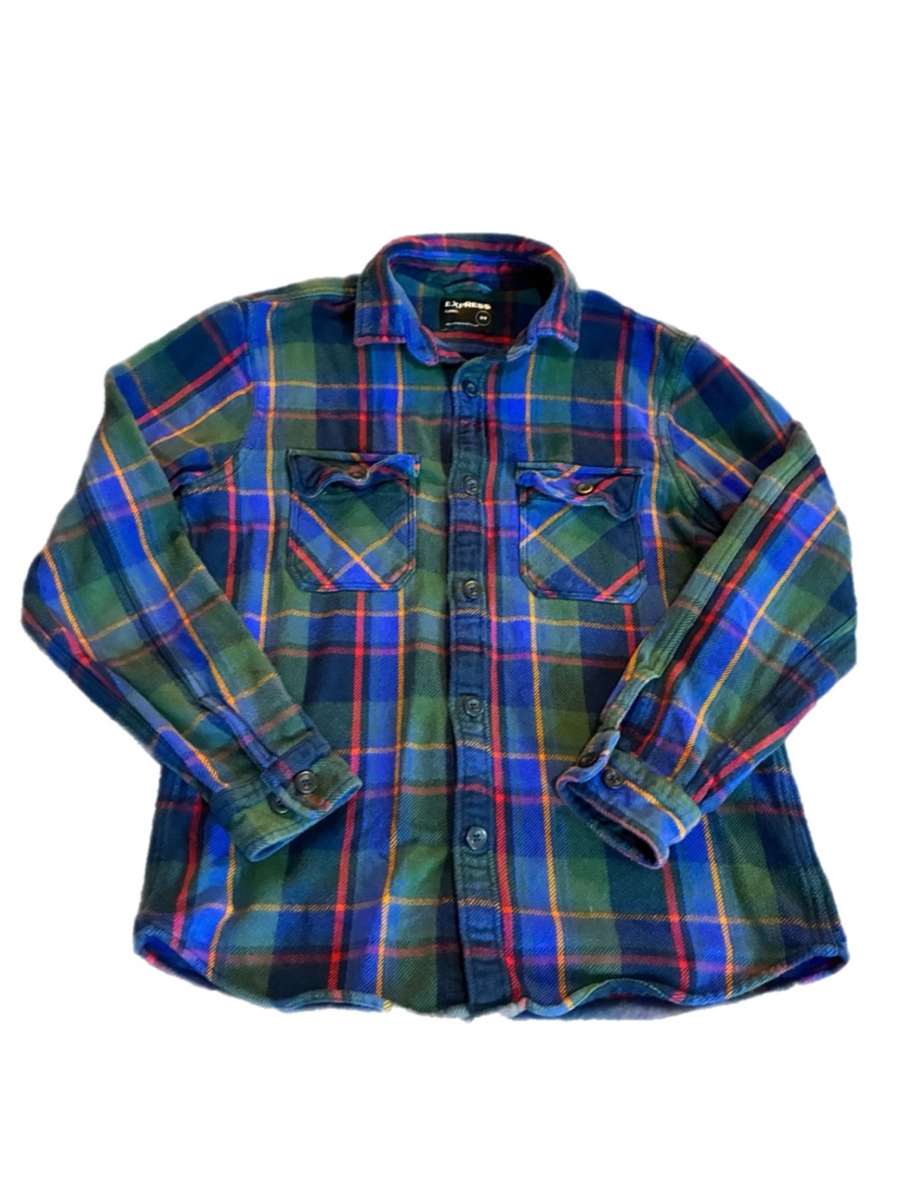 Express Men’s Grid Plaid Flannel Shirt Double Pocket Outdoor Gorpcore Sz Medium